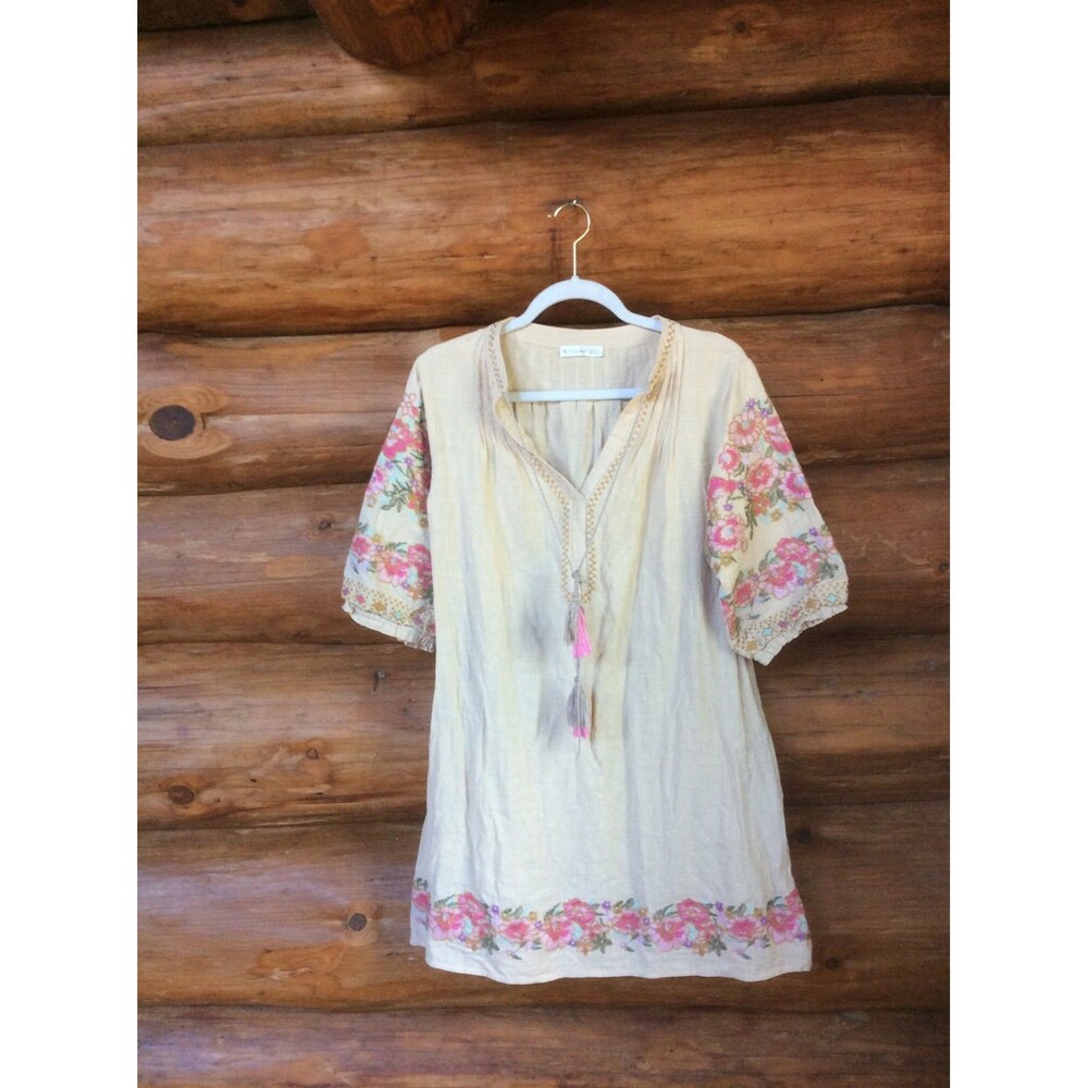 Beige Floral Embroidered Tunic Dress with Tassel Tie